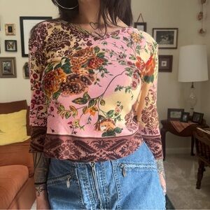 SOLD Vintage pink and brown floral shirt with beading